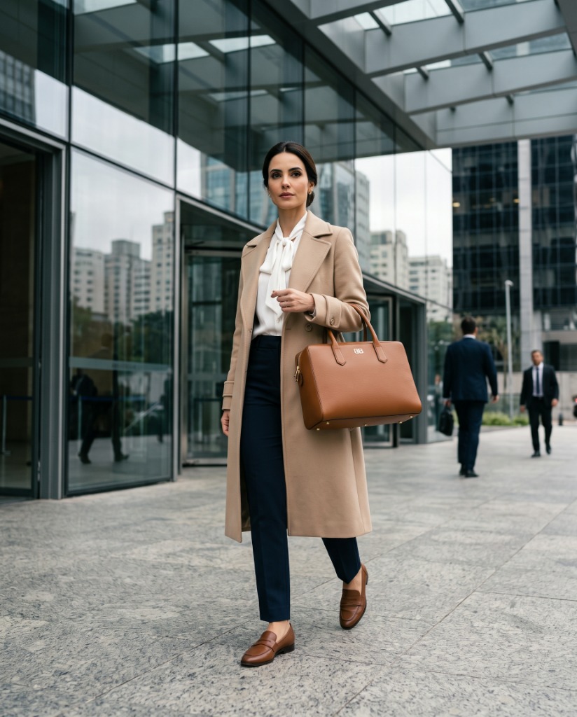 Executiva elegante com a Barbara Brown Tech Tote na Faria Lima